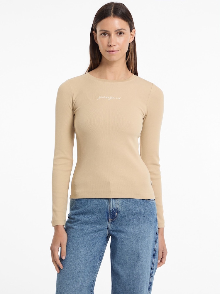 Guess Jeans Beige 100% Cotton Long Sleeve Logo T-Shirt - Image 1 of 5