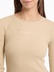 Guess Jeans Beige 100% Cotton Long Sleeve Logo T-Shirt - Image 4 of 5