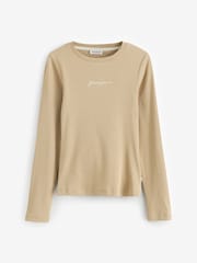 Guess Jeans Beige 100% Cotton Long Sleeve Logo T-Shirt - Image 5 of 5