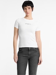 Guess Jeans White Slim Fit 100% Cotton Ribbed Logo Cropped Baby T-Shirt - Image 1 of 5