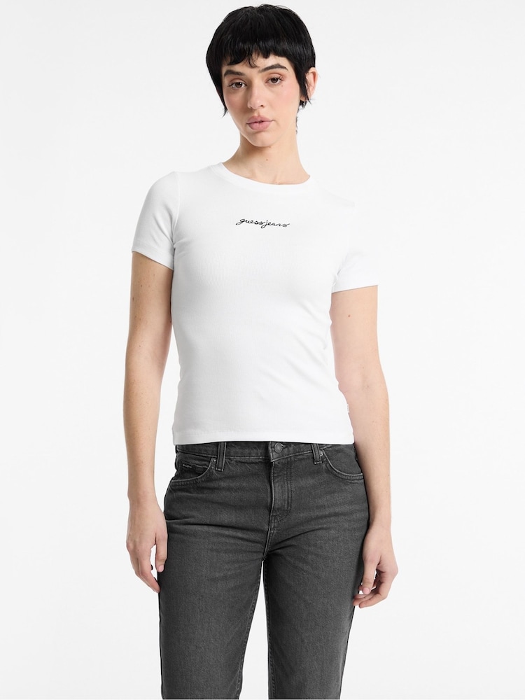 Guess Jeans White Slim Fit 100% Cotton Ribbed Logo Cropped Baby T-Shirt - Image 1 of 5