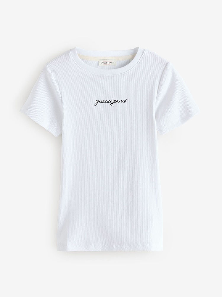 Guess Jeans White Slim Fit 100% Cotton Ribbed Logo Cropped Baby T-Shirt - Image 5 of 5