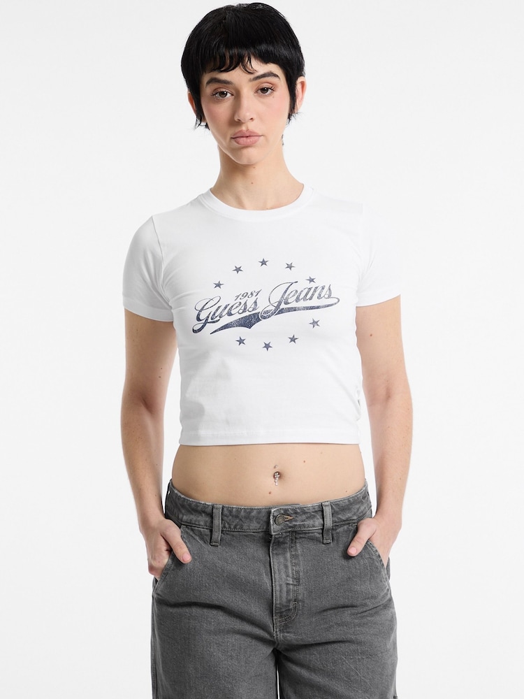 Guess Jeans White Baby 100% Cotton Vintage Logo Cropped T-Shirt - Image 1 of 5