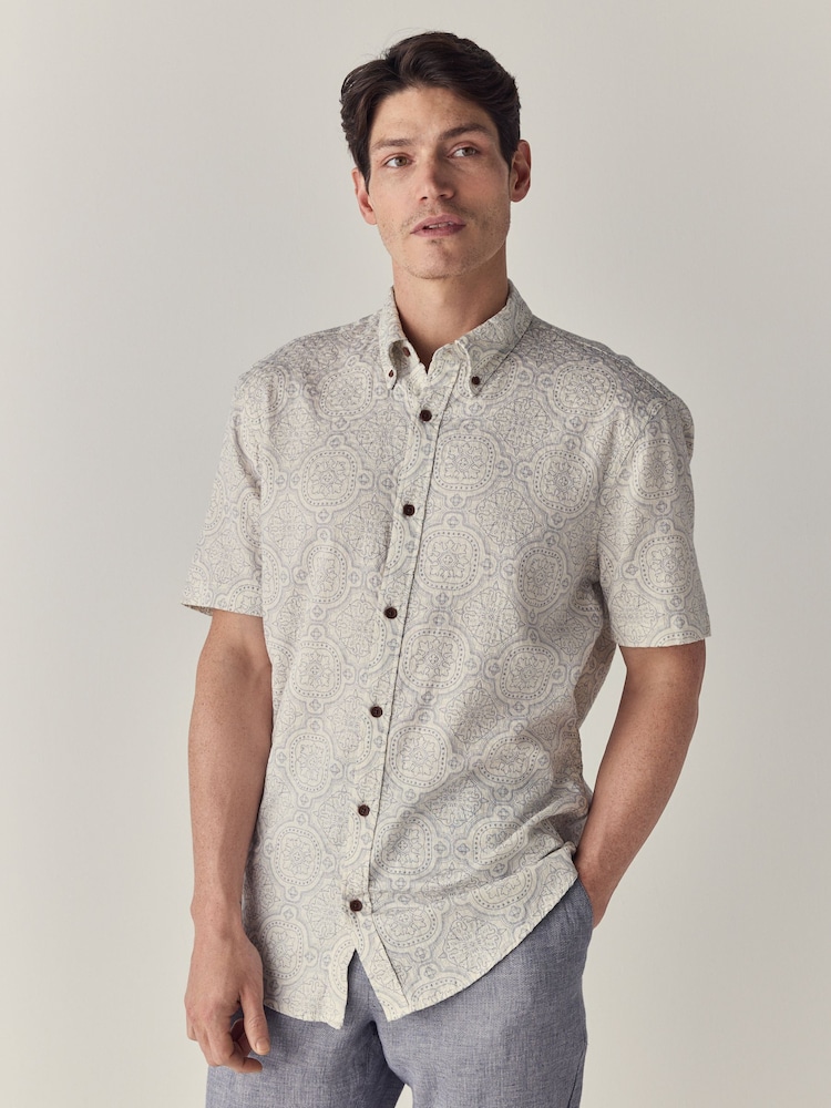 White Printed Tile Short Sleeve 100% Cotton Shirt - Image 1 of 8
