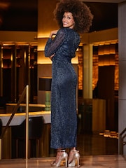 Sosandar Blue Sparkle Plisse Sheer Sleeve Maxi Dress - Image 2 of 5