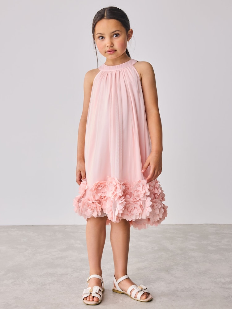 Baker by Ted Baker Pink Mesh Halter 3D Floral Print Hem Dress - Image 1 of 9
