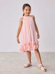 Baker by Ted Baker Pink Mesh Halter 3D Floral Print Hem Dress - Image 3 of 9