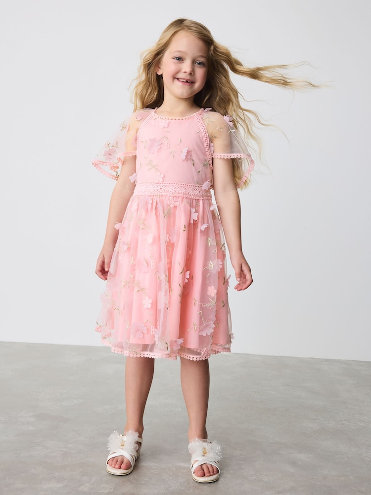 Baker by Ted Baker Pink 3D Scattered Floral Print Angel Sleeve Dress - Image 1 of 9