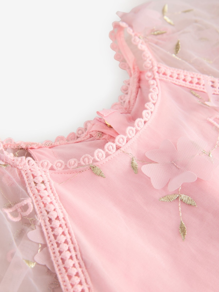Baker by Ted Baker Pink 3D Scattered Floral Print Angel Sleeve Dress - Image 9 of 9