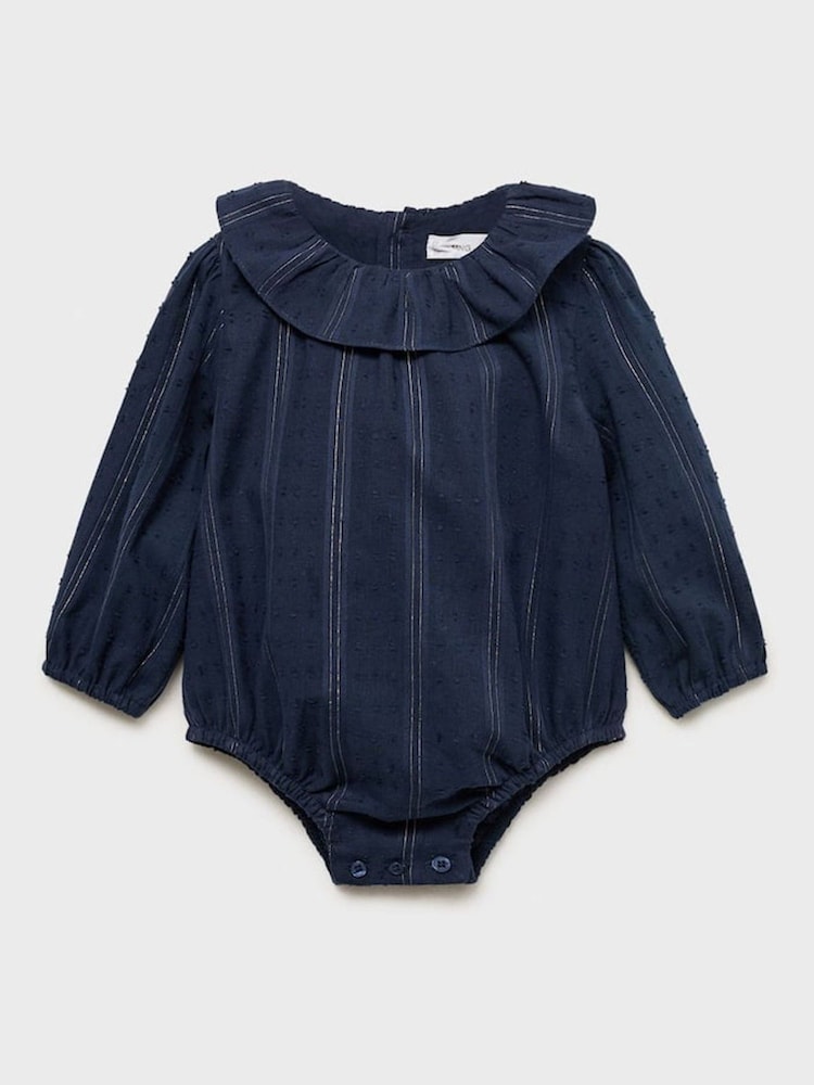 Mango Blue Frilled Bodysuit With Metallic Stripes - Image 1 of 3
