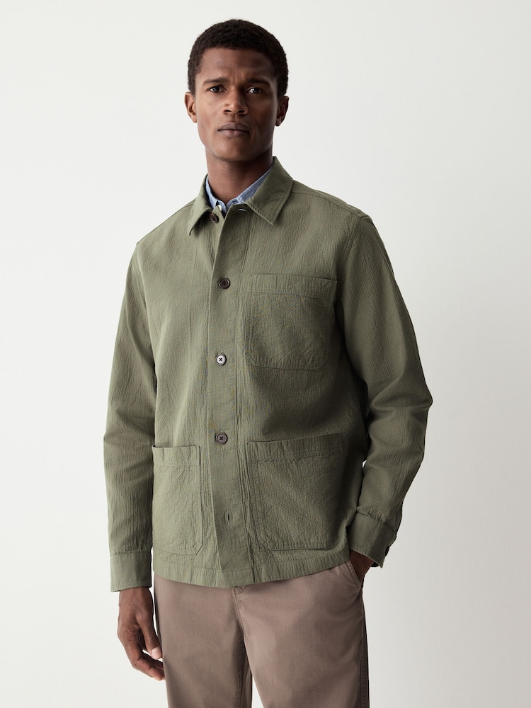 Olive Green 100% Cotton Seersucker Shacket Overshirt - Image 1 of 9
