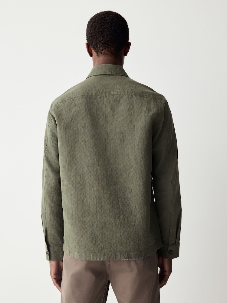 Olive Green 100% Cotton Seersucker Shacket Overshirt - Image 2 of 9