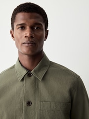 Olive Green 100% Cotton Seersucker Shacket Overshirt - Image 4 of 9