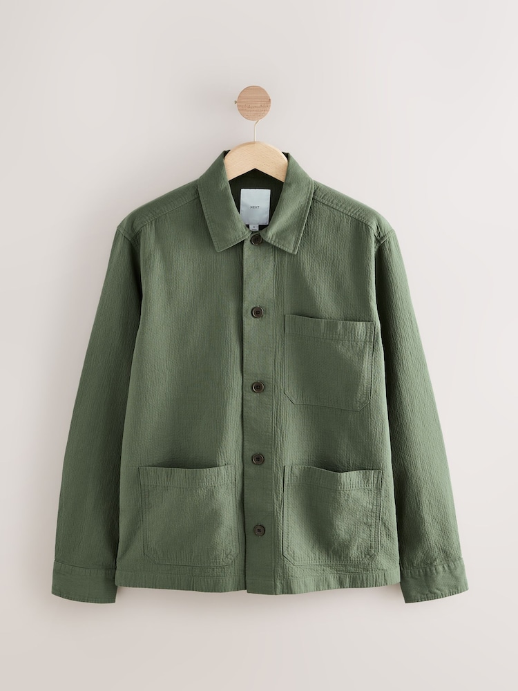 Olive Green 100% Cotton Seersucker Shacket Overshirt - Image 6 of 9