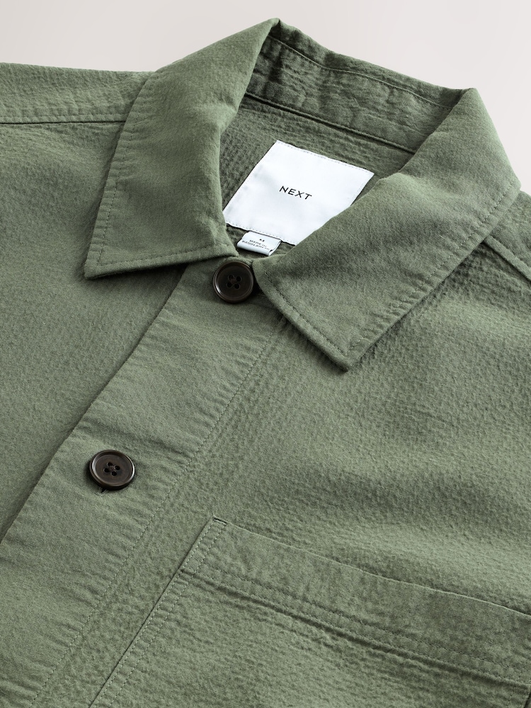 Olive Green 100% Cotton Seersucker Shacket Overshirt - Image 8 of 9