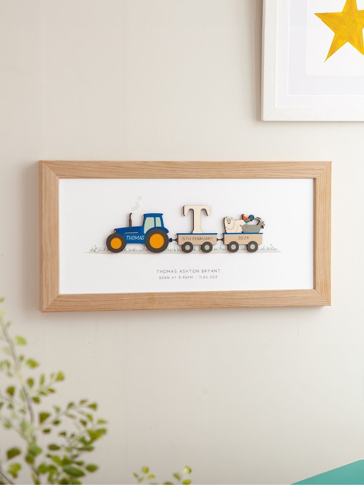 Personalised New Baby Wooden Tractor Print in Oak Frame by No Ordinary Gift - Image 3 of 3