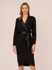 Adrianna Papell Knit Crepe Tuxedo Wrap Black Dress - Image 2 of 7