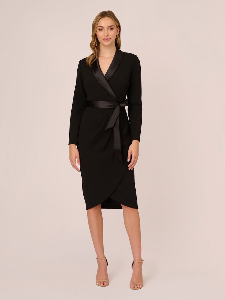 Adrianna Papell Knit Crepe Tuxedo Wrap Black Dress - Image 5 of 7