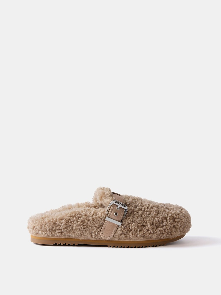 Mint Velvet Cream Faux Borg Slippers - Image 1 of 2