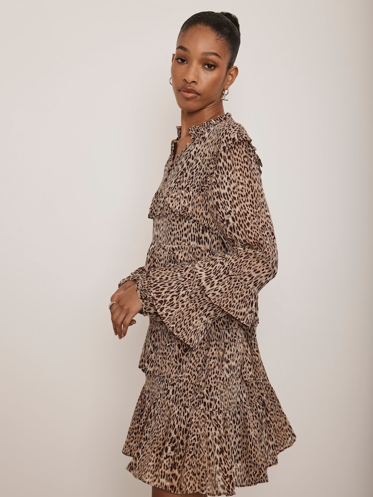 Mint Velvet Brown Animal Print Tiered Mini Dress - Image 2 of 4 Mint Velvet Brown Animal Print Tiered Mini Dress - Image 2 of 4