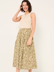 FatFace Betty Khaki Green Linear Floral Midi Skirt - Image 1 of 6