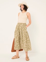 FatFace Betty Khaki Green Linear Floral Midi Skirt - Image 3 of 6