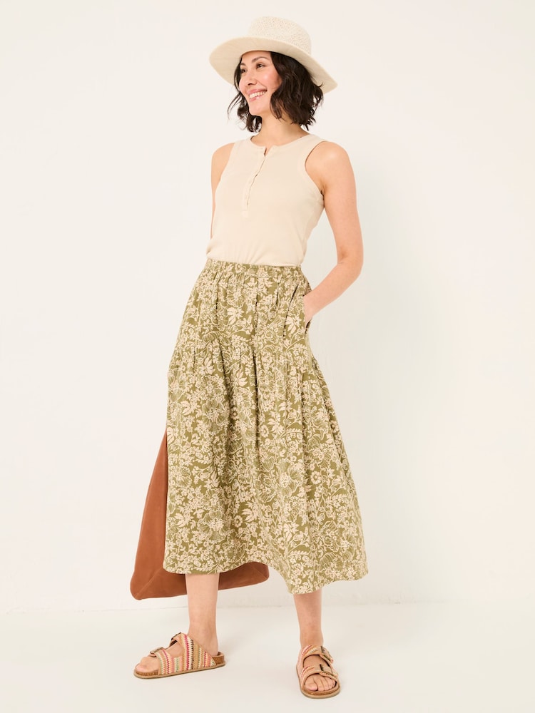 FatFace Betty Khaki Green Linear Floral Midi Skirt - Image 3 of 6