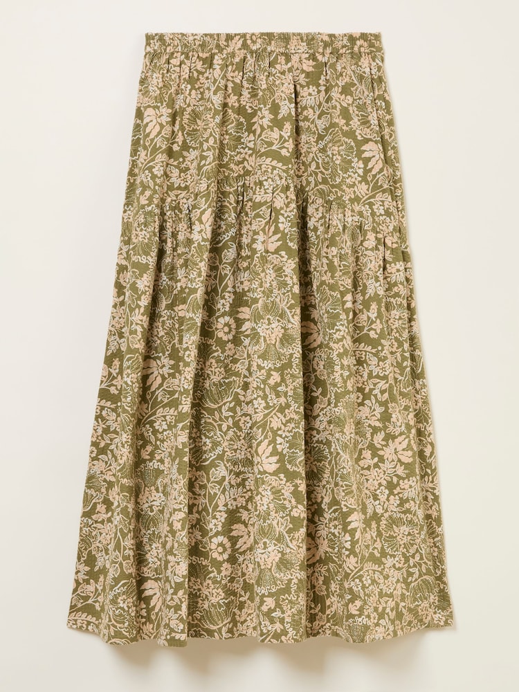 FatFace Betty Khaki Green Linear Floral Midi Skirt - Image 6 of 6