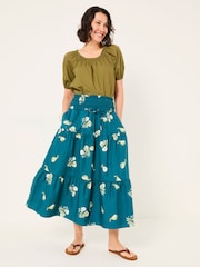FatFace Ricky Teal Blue Figs Midi Skirt - Image 1 of 6