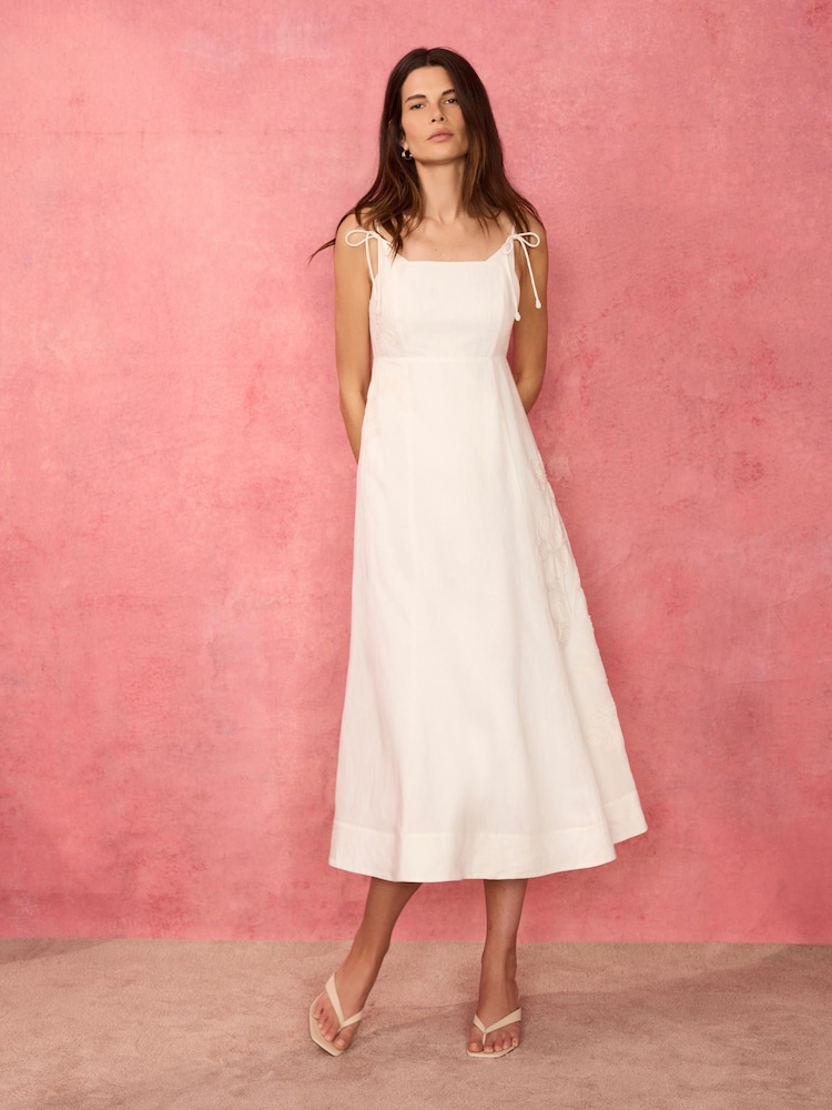 Mint Velvet White Linen Blend Embroidered Midi Dress - Image 1 of 8