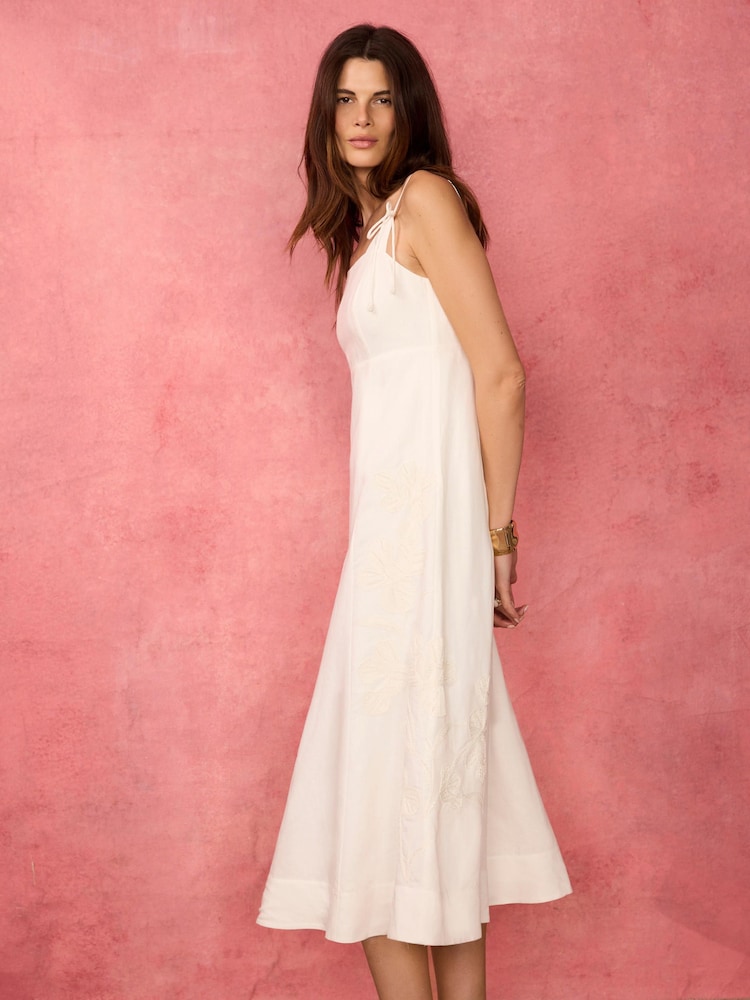 Mint Velvet White Linen Blend Embroidered Midi Dress - Image 2 of 8