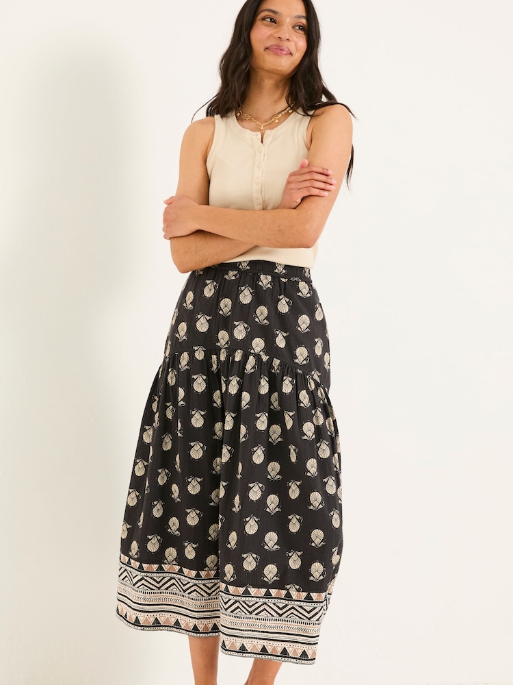 FatFace Betty Black Lino Shells Midi Skirt - Image 3 of 6
