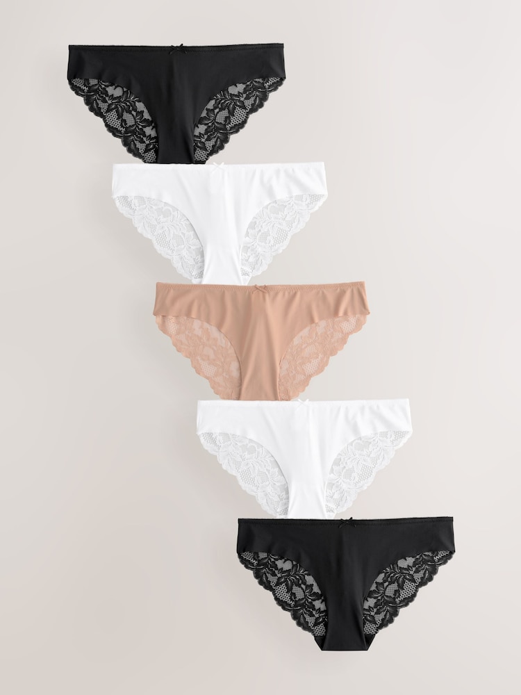Schwarz/Weiß/Praline, Nude - Nahtlose Slips mit Spitzenrückseite im 5er-Pack - Image 1 of 8