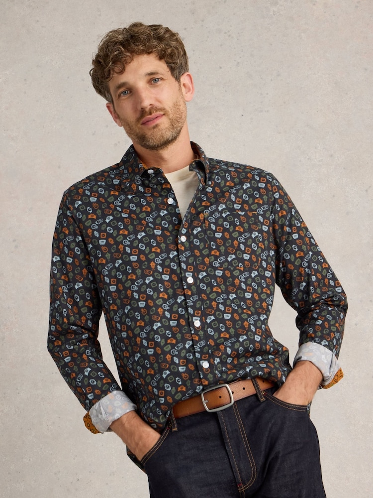 White Stuff Blue Clock Printed Shirt - Image 1 of 6 White Stuff Blue Clock Printed Shirt - Image 1 of 6