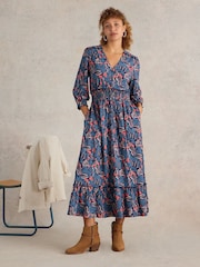 White Stuff Blue Jonie Shirred 100% Cotton Jersey Dress - Image 1 of 6