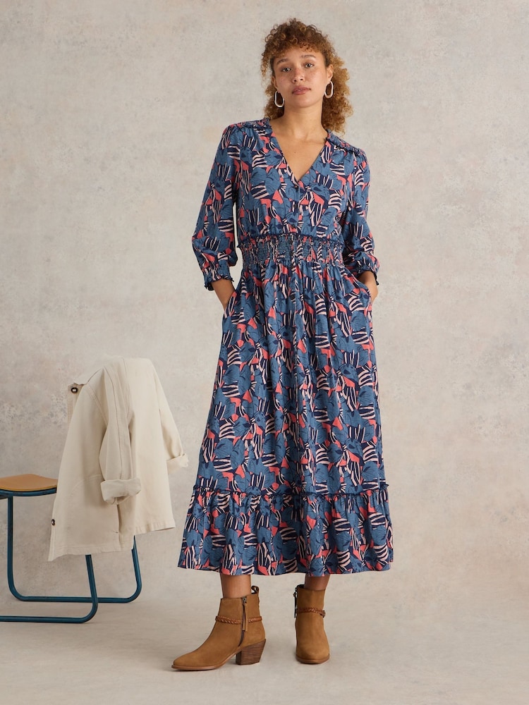 White Stuff Blue Jonie Shirred 100% Cotton Jersey Dress - Image 1 of 6