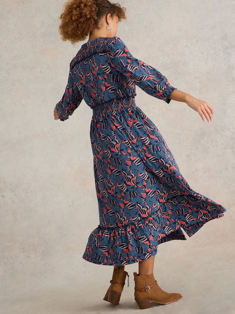 White Stuff Blue Jonie Shirred 100% Cotton Jersey Dress - Image 2 of 6