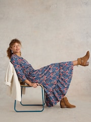 White Stuff Blue Jonie Shirred 100% Cotton Jersey Dress - Image 3 of 6
