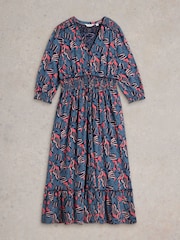 White Stuff Blue Jonie Shirred 100% Cotton Jersey Dress - Image 5 of 6