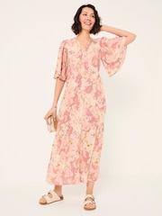 FatFace Paige Pink Layered Floral Midi Dress - Image 2 of 6