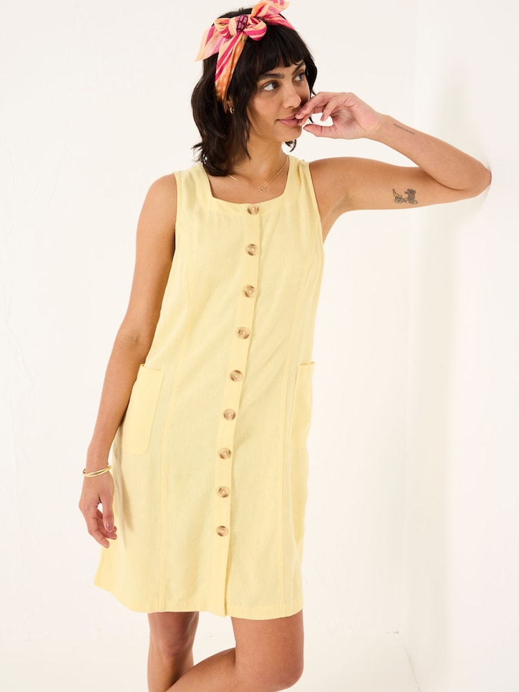 FatFace Binny Light Yellow Button Linen Dress - Image 1 of 5