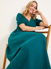 FatFace Remi Dark Teal Linen Midi Dress - Image 1 of 5