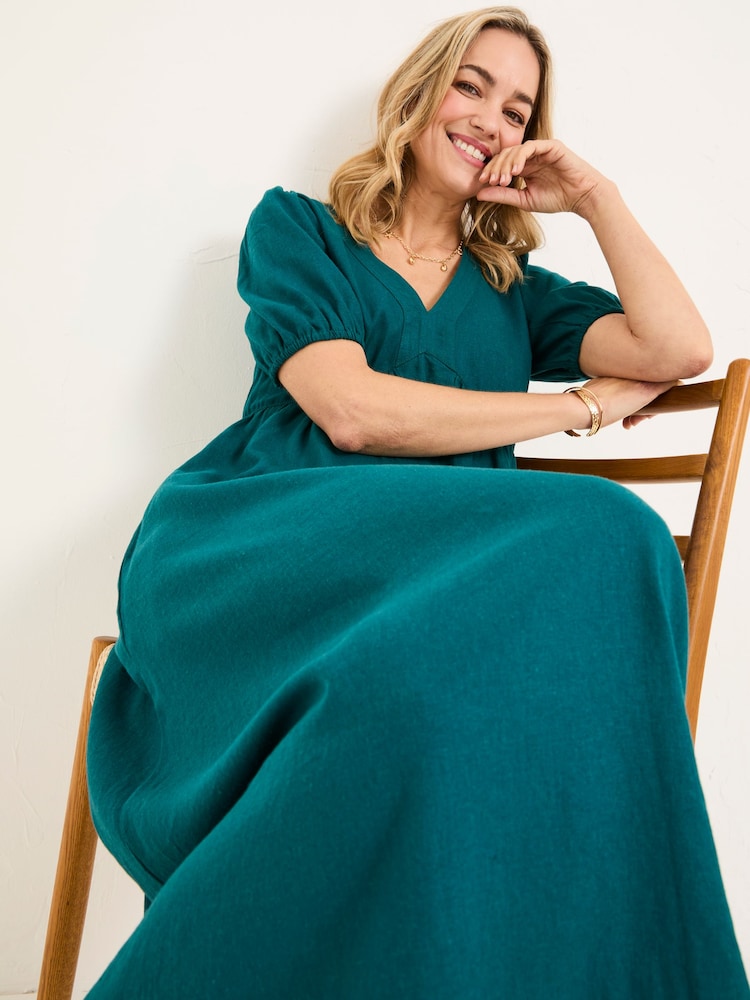 FatFace Remi Dark Teal Linen Midi Dress - Image 1 of 5