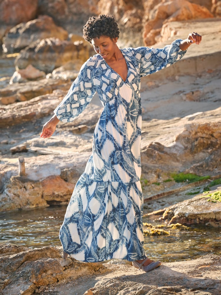 FatFace Noelle Indigo Blue Water Leaf Maxi Dress - Image 1 of 7
