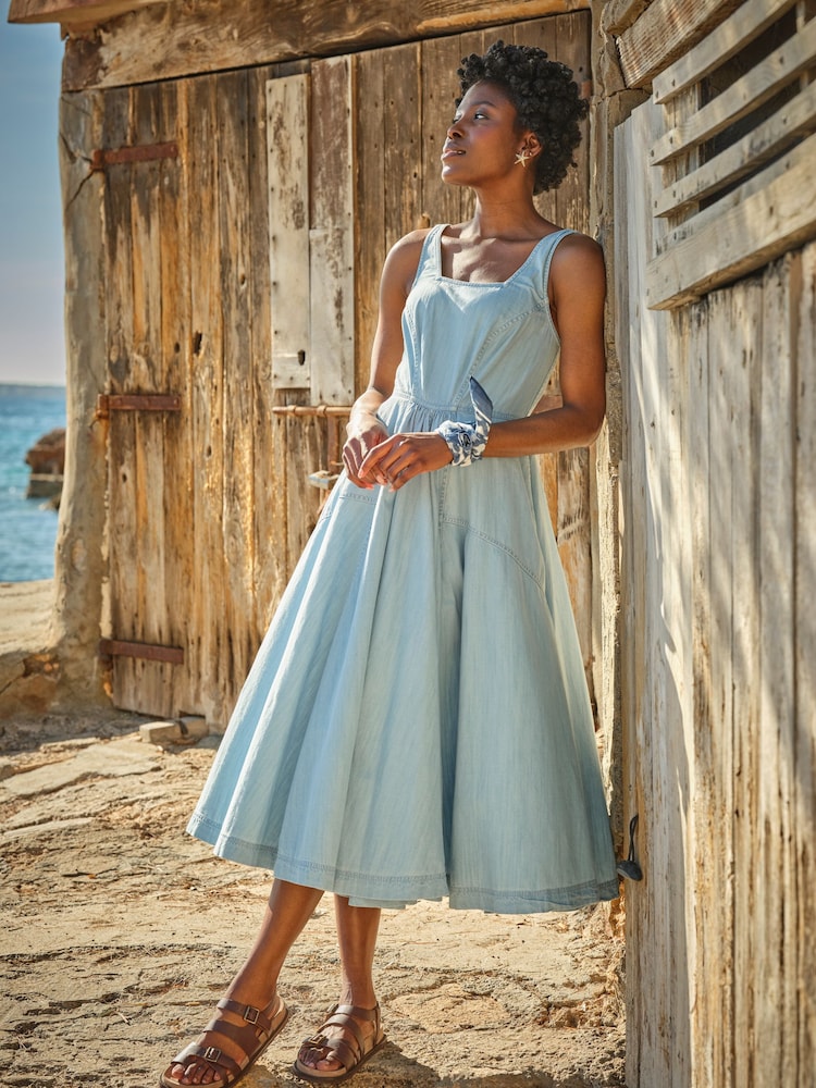 FatFace Maria Blue Denim Midi Dress - Image 1 of 7
