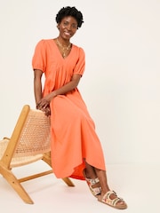 FatFace Remi Dark Coral Linen Midi Dress - Image 1 of 5
