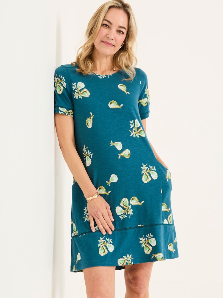 FatFace Simone Teal Blue Figs Jersey Dress - Image 1 of 4