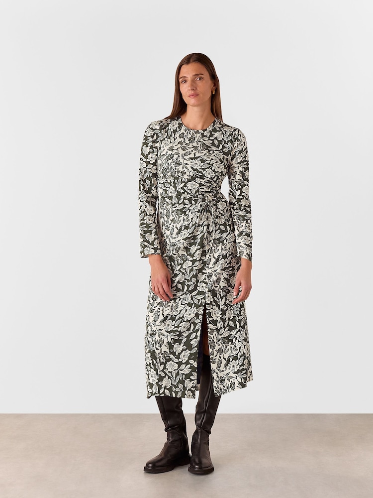 Whistles Green Cut Stems Ruched Side Dress - Image 1 of 5