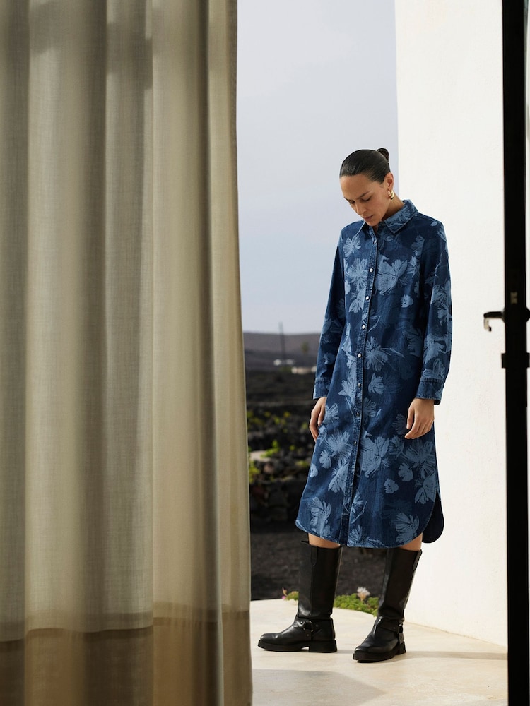 Whistles Blue Chalk Print 100% Cotton Denim Shirt Dress - Image 1 of 6