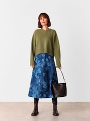 Whistles Blue Chalk Print Denim Midi 100% Cotton Skirt - Image 2 of 6